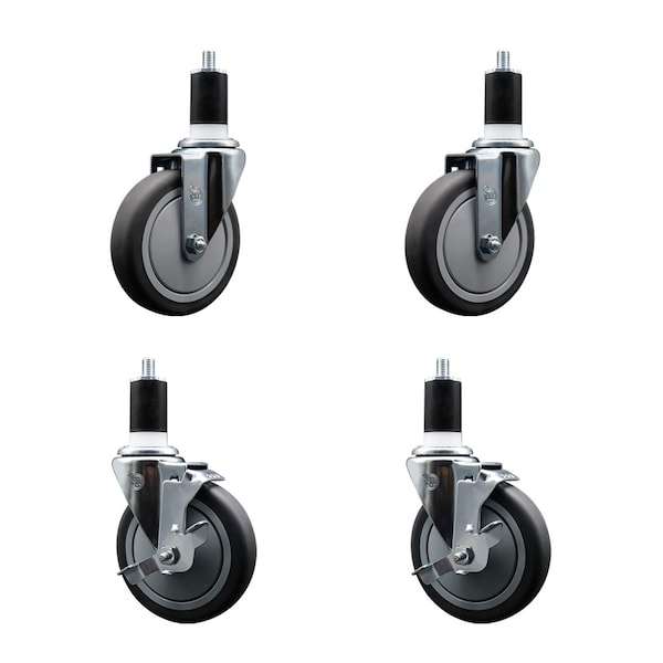 5'' Thermoplastic Rubber Wheel Swivel 1-1/2'' Expanding Stem Caster Set 2 Brakes, 4PK